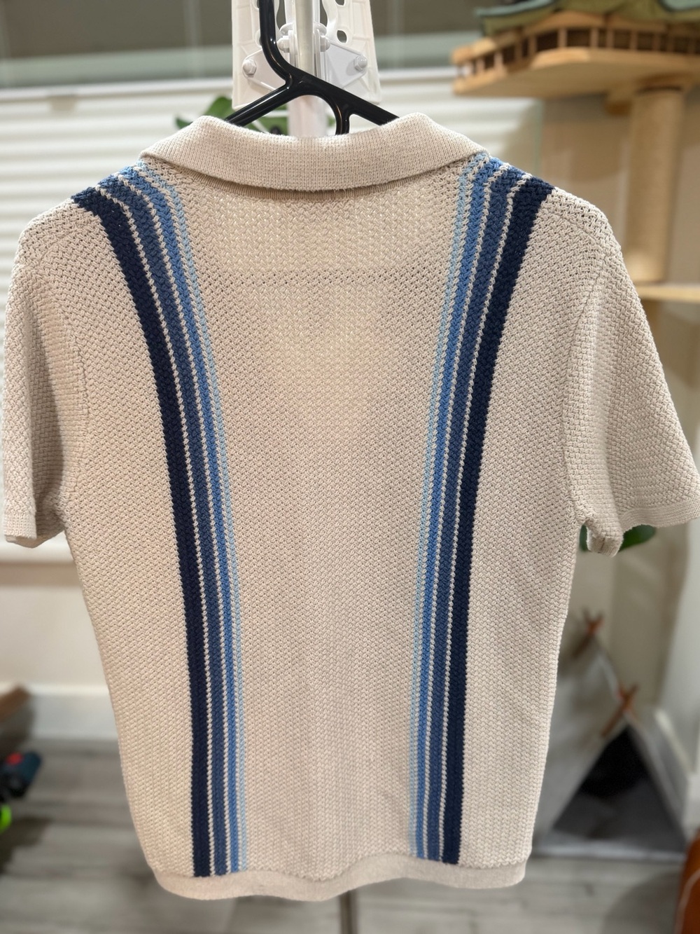 Marine Layer Conrad Sweater Polo Cream Knit Polo with Blue Stripe Accents - Picture 6 of 9